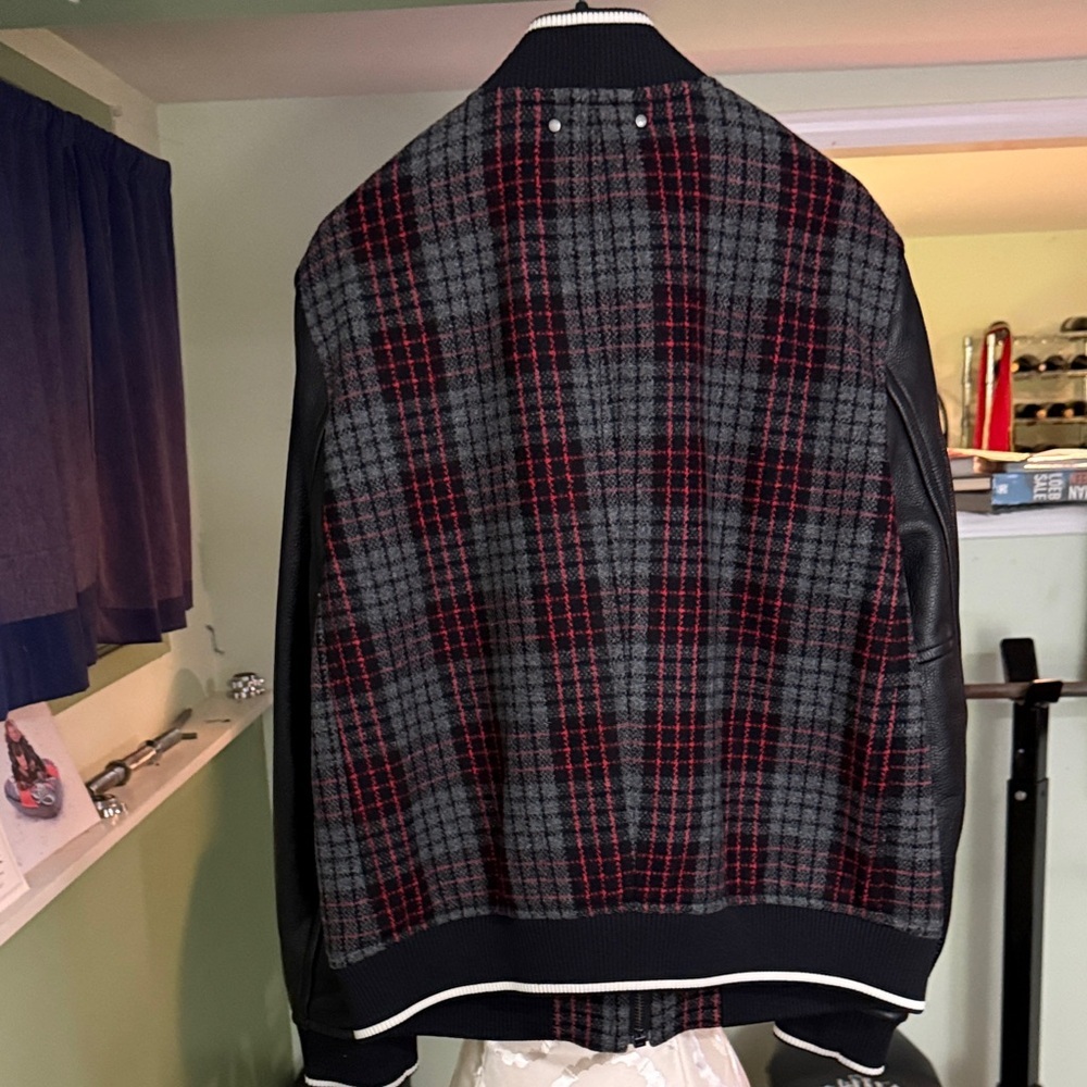 Coach Men's wool Plaid Bomber Jacket with Leather Sleeves - Picture 2 of 10